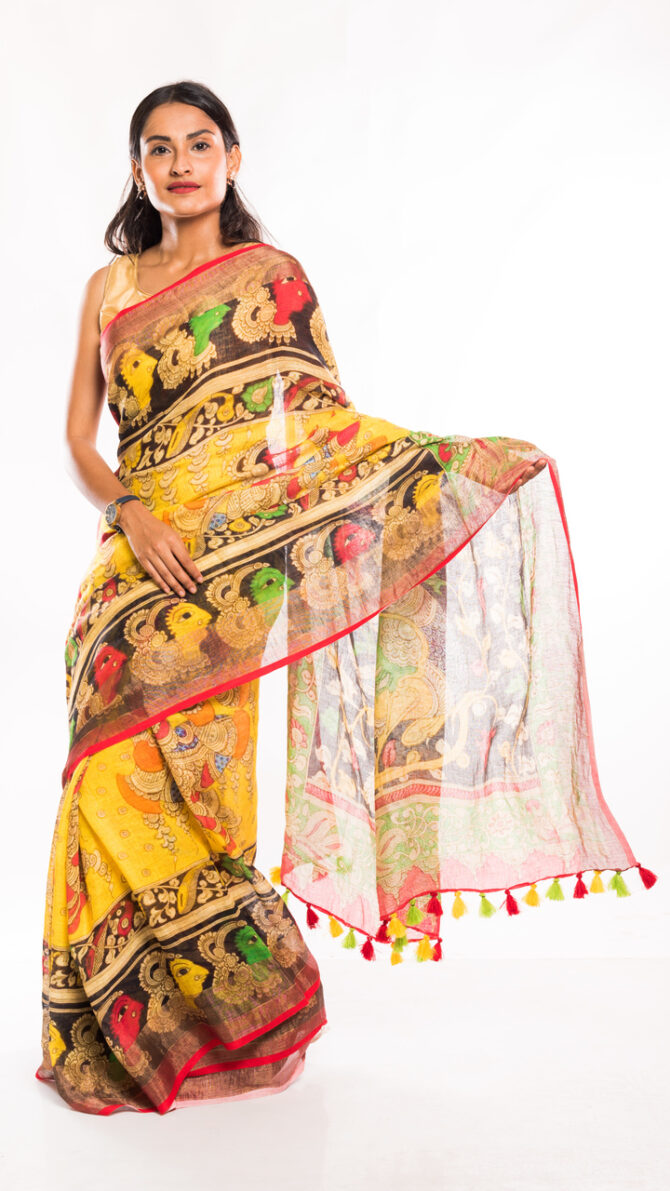 Yellow Multicolor Linen Kalamkari Digital Printed Saree (with tassel)