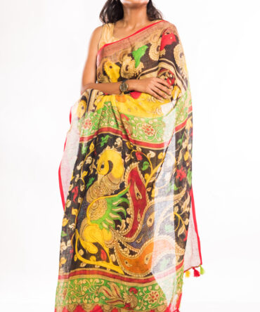 Butter Yellow Linen Digital Kalamkari Print Saree