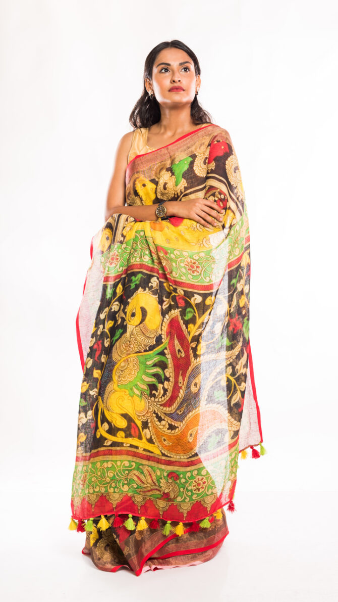 Yellow Multicolor Linen Kalamkari Digital Printed Saree (with tassel)