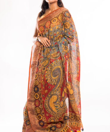 Multicolor Linen Floral Kalamkari Digital Printed Saree (with tassel)