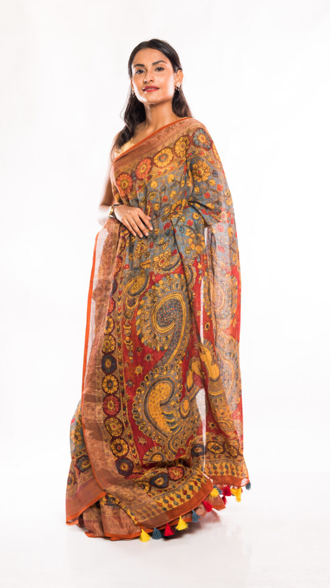 Multicolor Linen Floral Kalamkari Digital Printed Saree (with tassel)