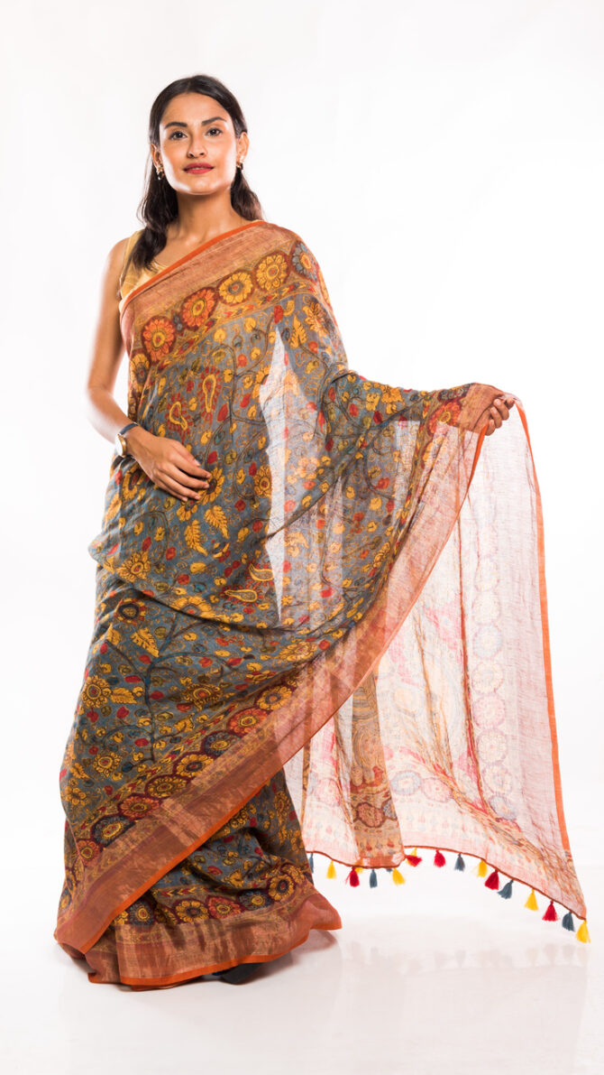 Multicolor Linen Floral Kalamkari Digital Printed Saree (with tassel)