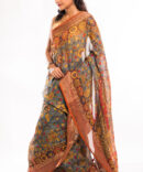 Grey Orange Linen Digital Kalamkari Print Saree