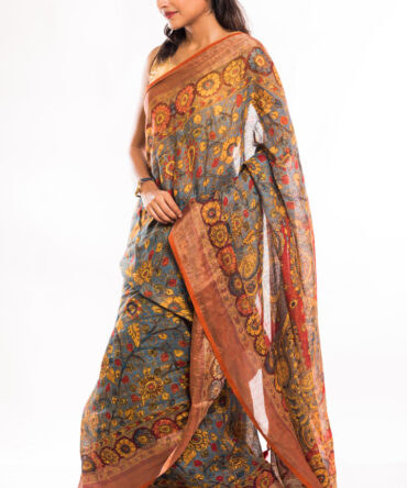 Grey Orange Linen Digital Kalamkari Print Saree
