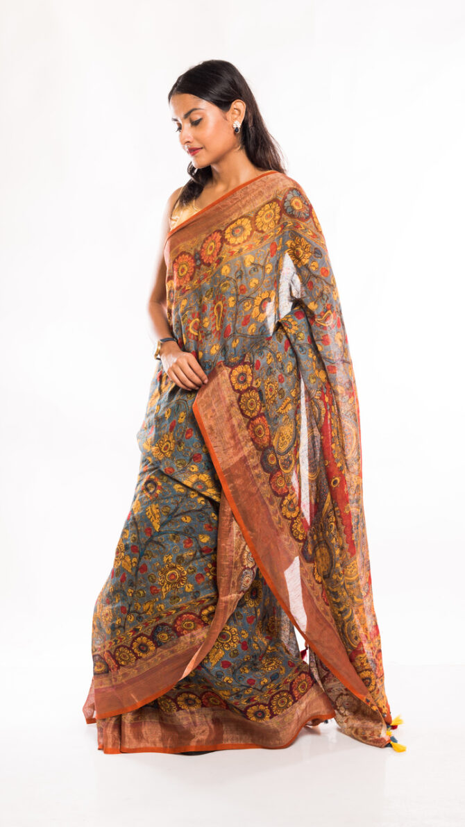 Multicolor Linen Floral Kalamkari Digital Printed Saree (with tassel)