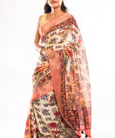 Off-White Pink Linen Floral Digital Printed Saree (with tassel)
