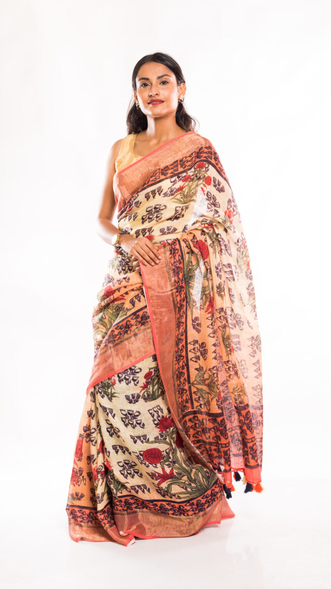 Off-White Pink Linen Floral Digital Printed Saree (with tassel)