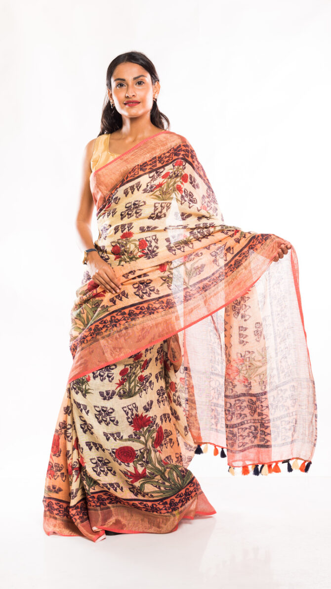 Off-White Pink Linen Floral Digital Printed Saree (with tassel)