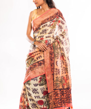 Offwhite Linen Digital Kalamkari Print Saree