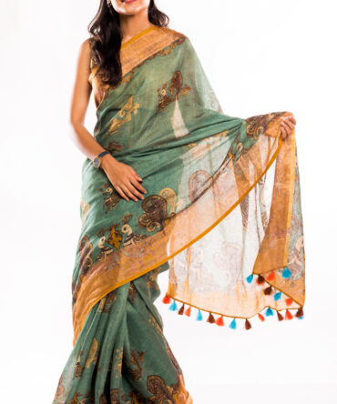Ocean Blue Linen Kalamkari Digital Printed Saree (with tassel)