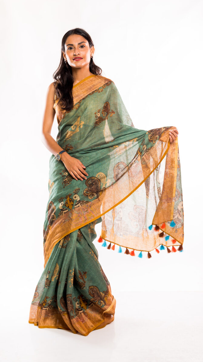 Ocean Blue Linen Kalamkari Digital Printed Saree (with tassel)