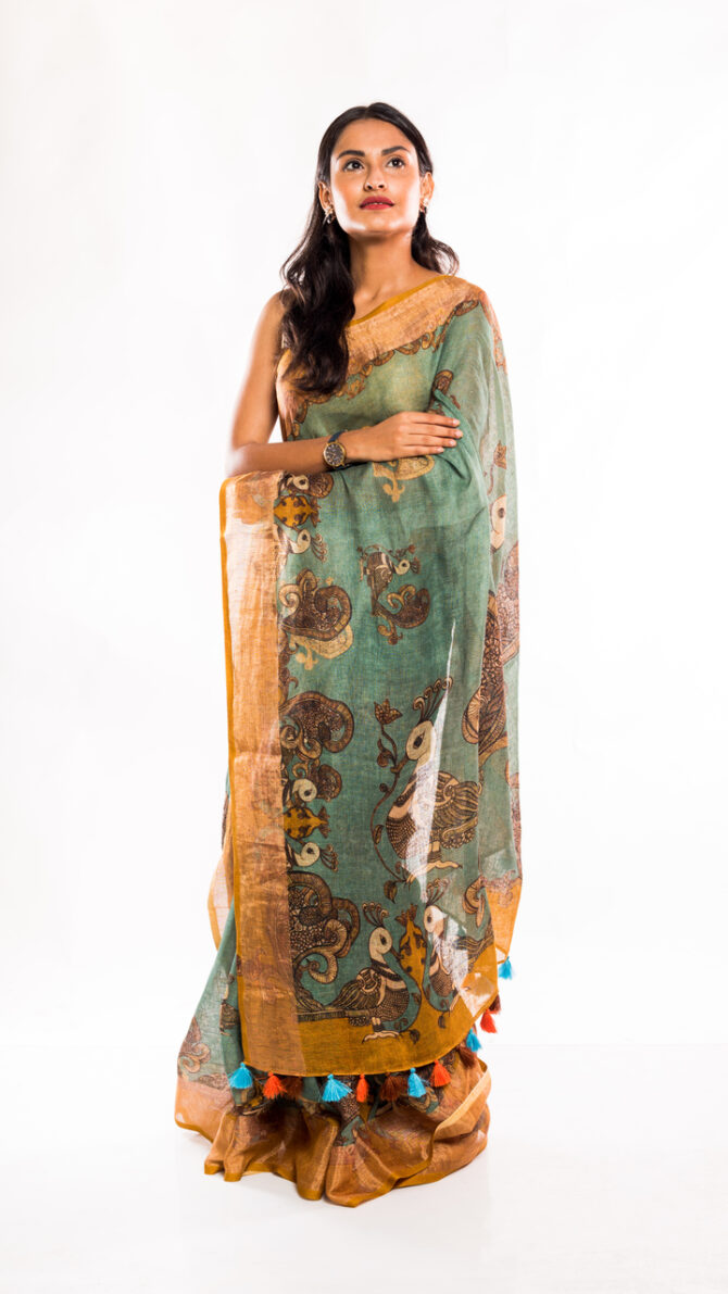 Ocean Blue Linen Kalamkari Digital Printed Saree (with tassel)