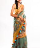 Blush Green Linen Digital Kalamkari Print Saree