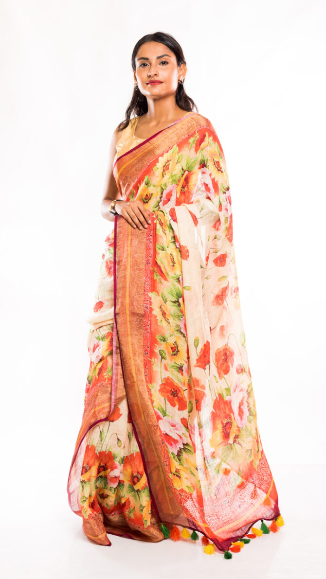 Off-White Pink Multicolor Linen Floral Digital Printed Saree (with tassel)