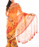 Orange Linen Kalamkari Digital Printed Saree (with tassel)