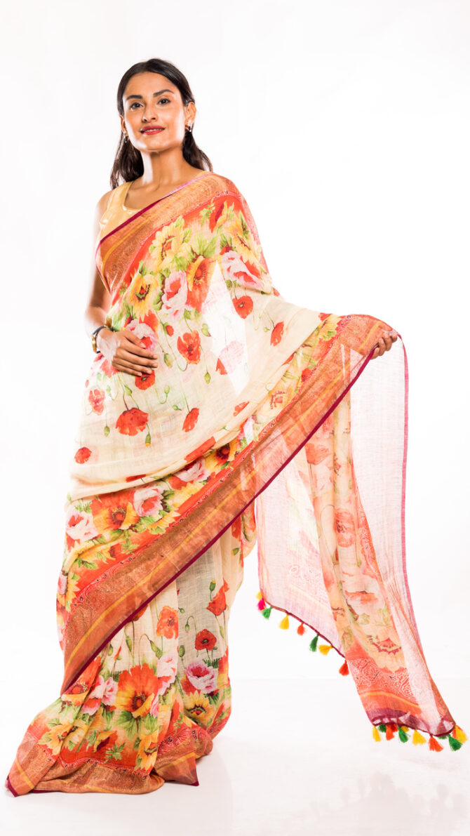 Off-White Pink Multicolor Linen Floral Digital Printed Saree (with tassel)