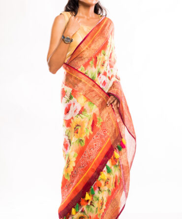 Red, White Linen Digital Floral Print Saree