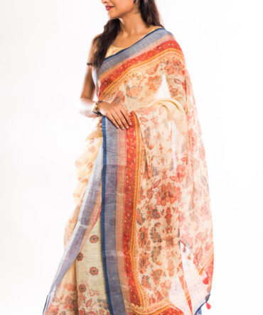 Off-White Multicolor Floral Linen Digital Printed Saree (with tassel)