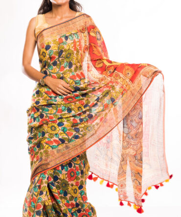 Multicolor Floral Linen Digital Printed Saree (with tassel)