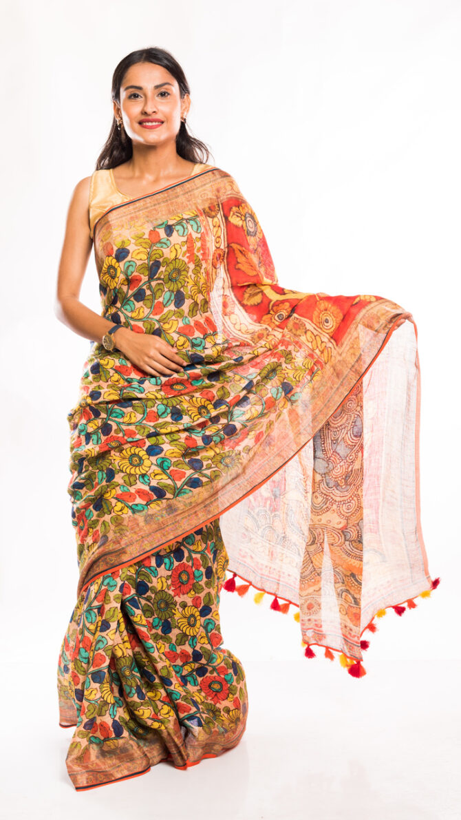 Multicolor Floral Linen Digital Printed Saree (with tassel)