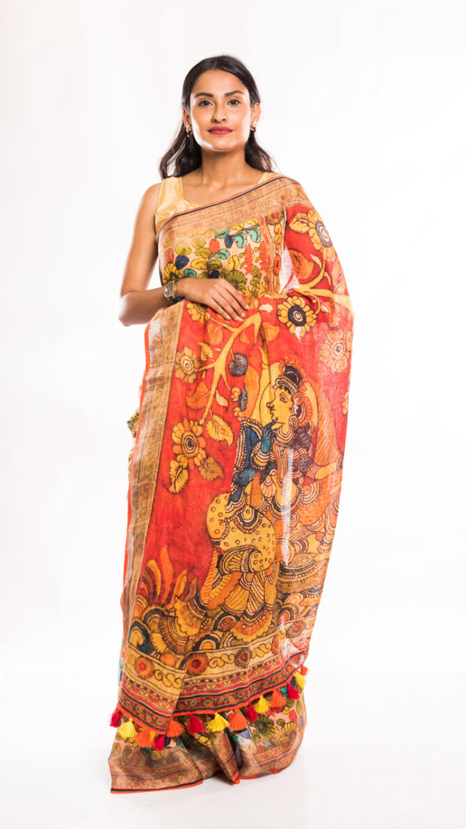 Multicolor Floral Linen Digital Printed Saree (with tassel)