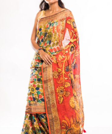 Multicolor Linen Digital Kalamkari Print Saree
