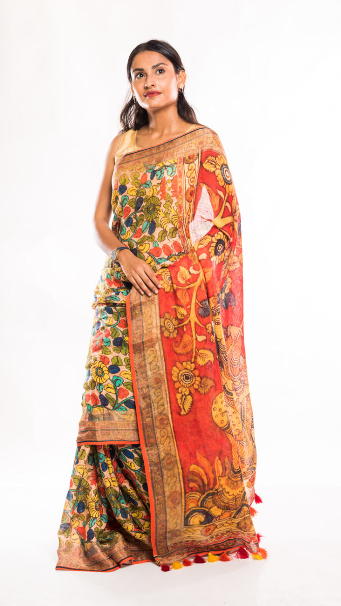 Multicolor Floral Linen Digital Printed Saree (with tassel)