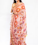 Pink Multicolor Geometric Linen Digital Printed Saree (with tassel)