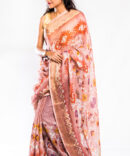 Pastel Pink Linen Digital  Geometric Print Saree