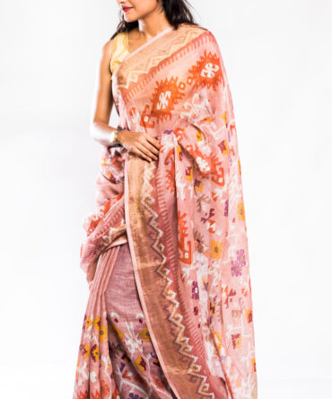 Pastel Pink Linen Digital  Geometric Print Saree