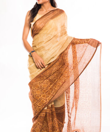 Beige Brown Pallu Floral Linen Digital Printed Saree (with tassel)