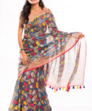 Blue Multicolor Floral Linen Digital Printed Saree (with tassel)