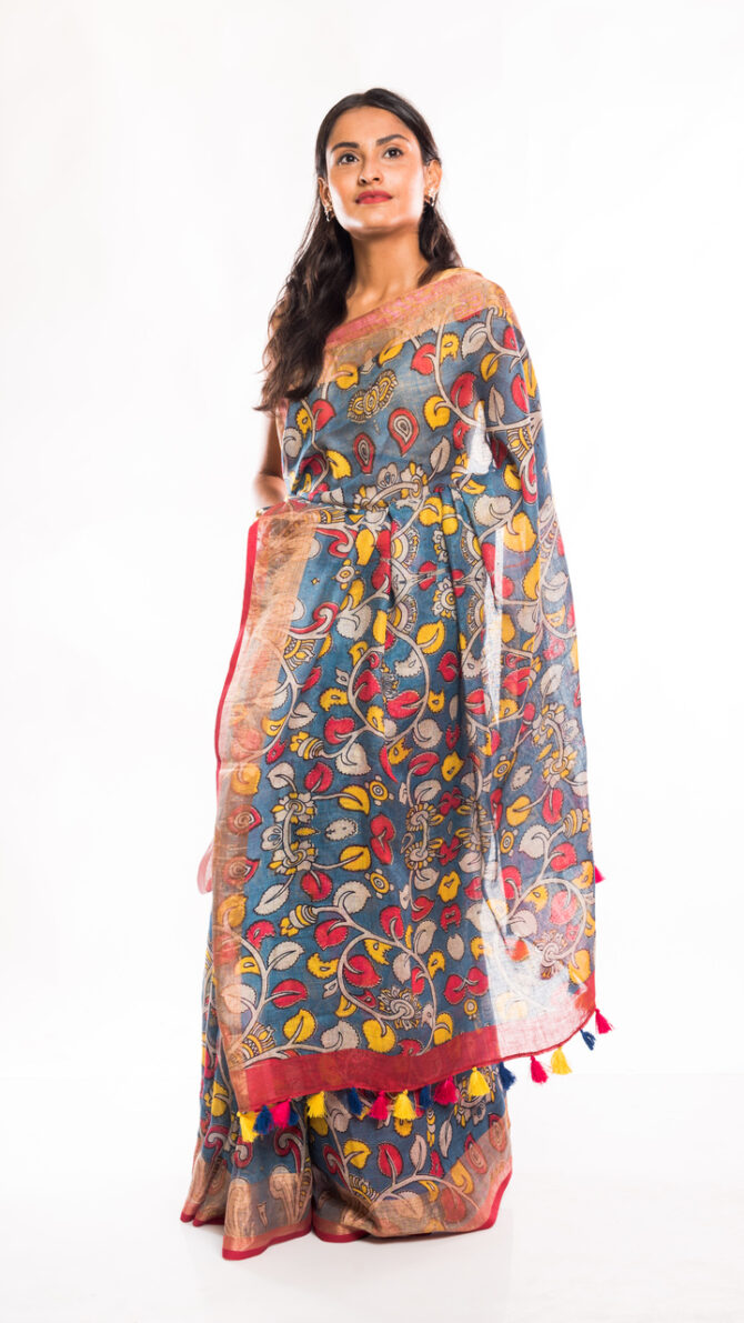 Blue Multicolor Floral Linen Digital Printed Saree (with tassel)