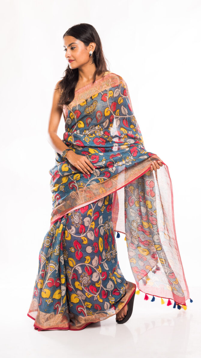 Blue Multicolor Floral Linen Digital Printed Saree (with tassel)
