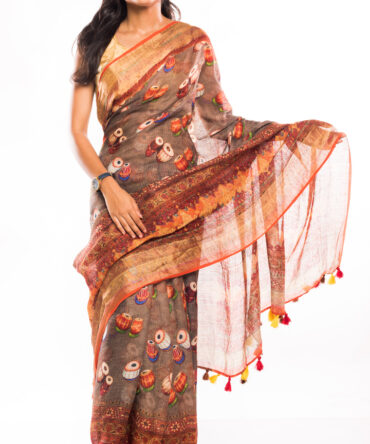 Dark Brown Linen Kalamkari Digital Printed Saree (with tassel)