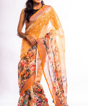 Orange, Floral Print Linen Saree