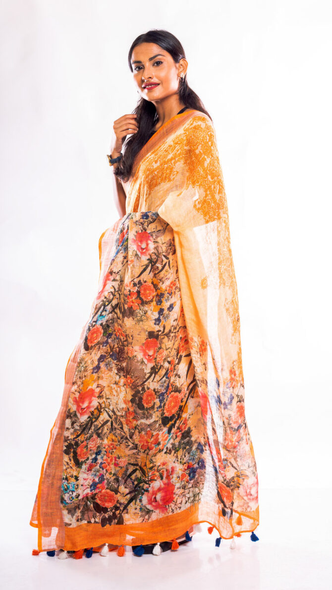 Orange, Floral Print Linen Saree