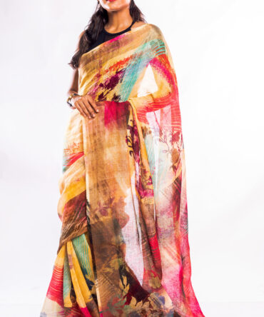 Floral Abstract Print Linen Saree