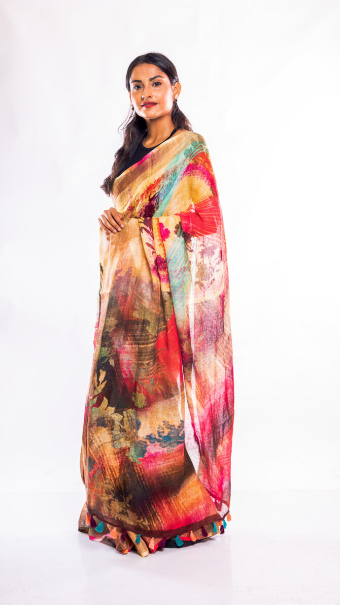 Floral Abstract Print Linen Saree