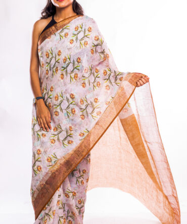Brown, Off-White, Floral Printed, Pure Linen Saree