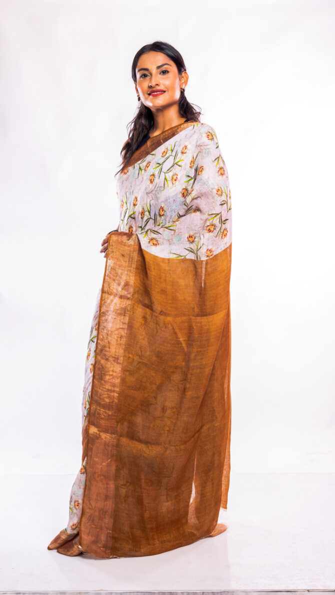 Brown, Off-White, Floral Printed, Pure Linen Saree