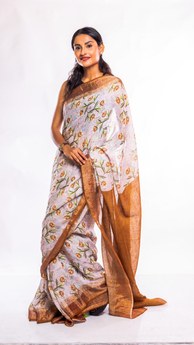 Brown, Off-White, Floral Printed, Pure Linen Saree