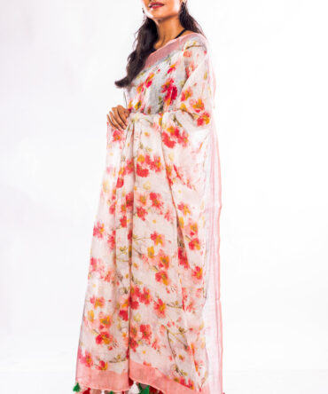 Off-White Pink, Floral Printed Linen Saree