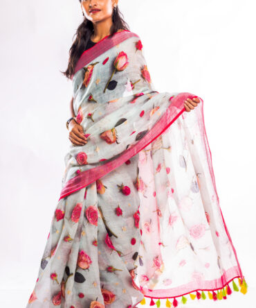 Pink, Off-White, Floral Printed, Pure Linen Saree