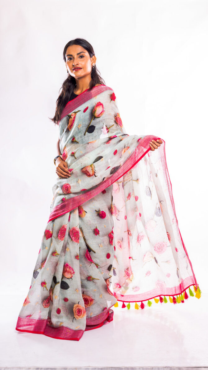 Pink, Off-White, Floral Printed, Pure Linen Saree