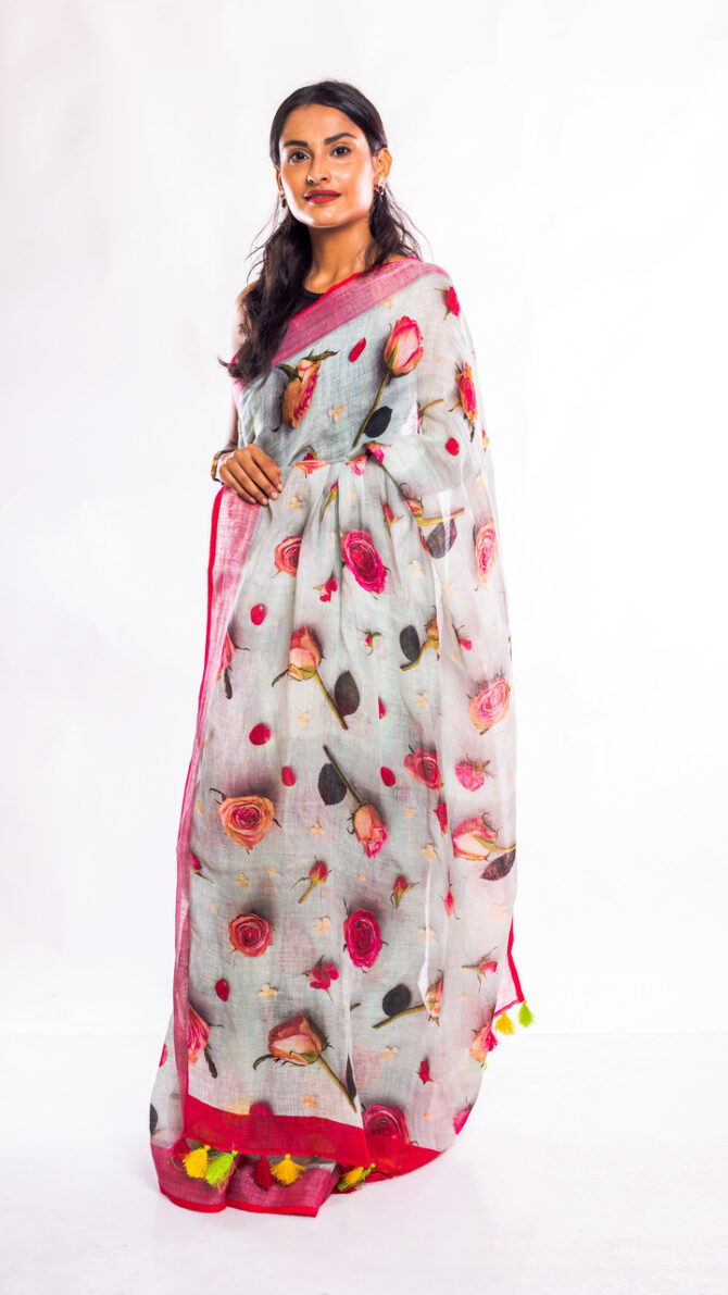 Pink, Off-White, Floral Printed, Pure Linen Saree