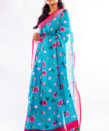 Blue, Pink, Floral Printed, Pure Linen Saree