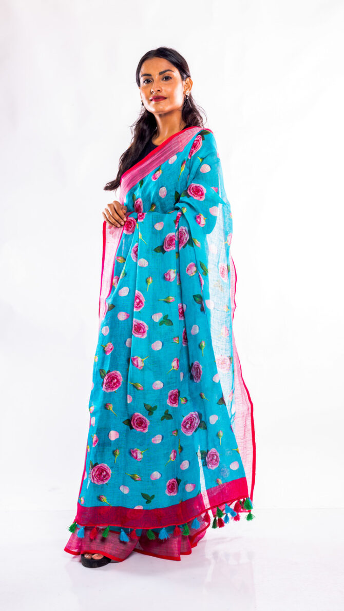Blue, Pink, Floral Printed, Pure Linen Saree