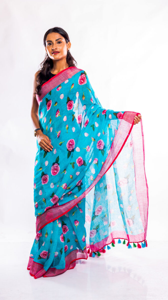 Blue, Pink, Floral Printed, Pure Linen Saree