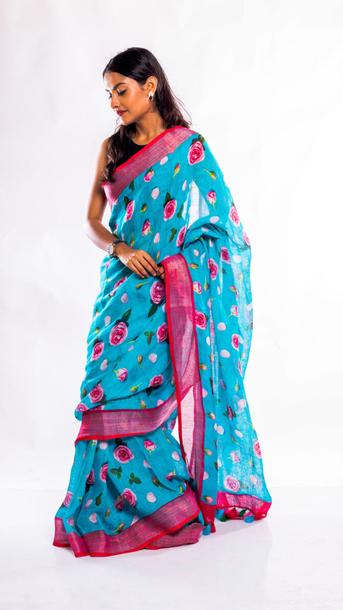 Blue, Pink, Floral Printed, Pure Linen Saree
